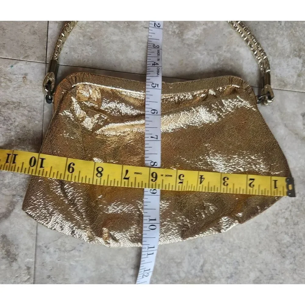 Vintage Gold special occasion shoulder bag w metal kiss clasp and satin lining